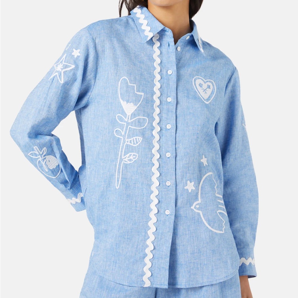 Lovebirds Embroidered Blue Button-Up Shirt with White Embroidery